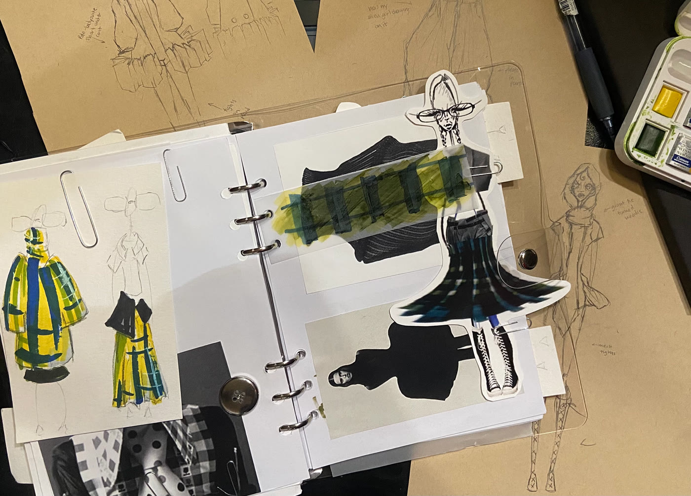 Studio table with painted plaid hoodie study and pencil sketches