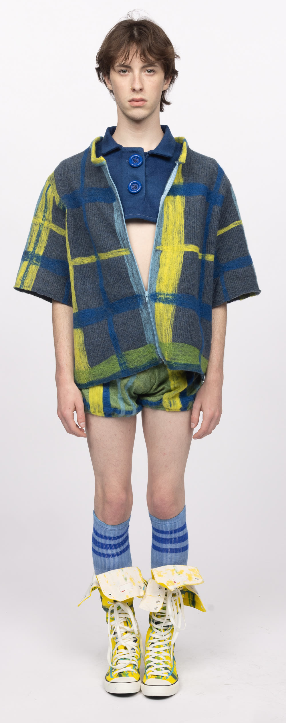 Finished look — cropped polo, zip plaid overshirt, felted shorts and painted hi-tops