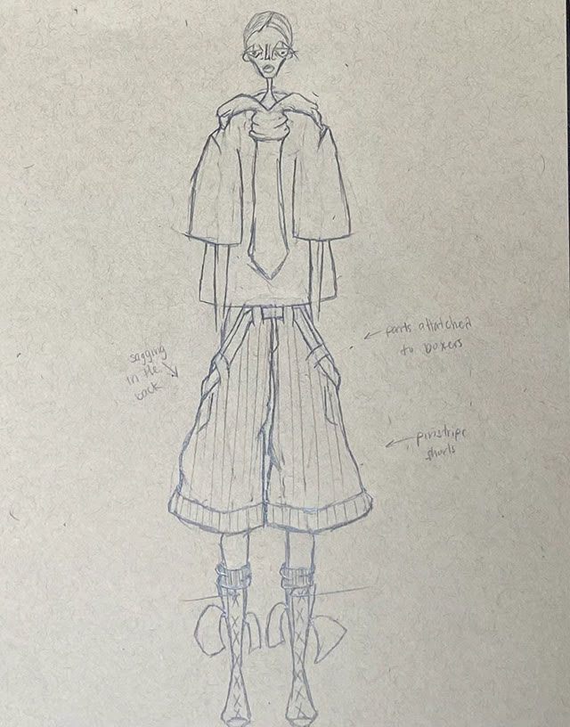 Croquis of First Offense — oversized shirt and tie with pinstripe shorts
