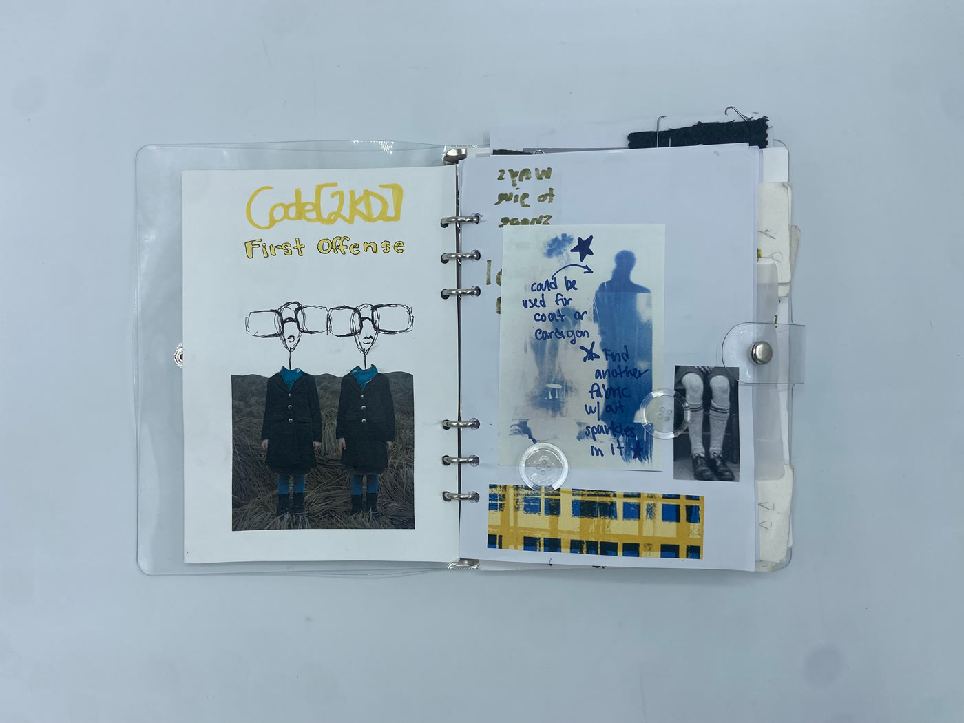 Sketchbook spread titled Code[2KIDZ] First Offense with fabric and button tests