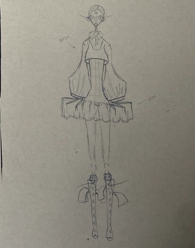 First croquis of The Pleat — cropped top, full sleeves, pleated plaid skirt